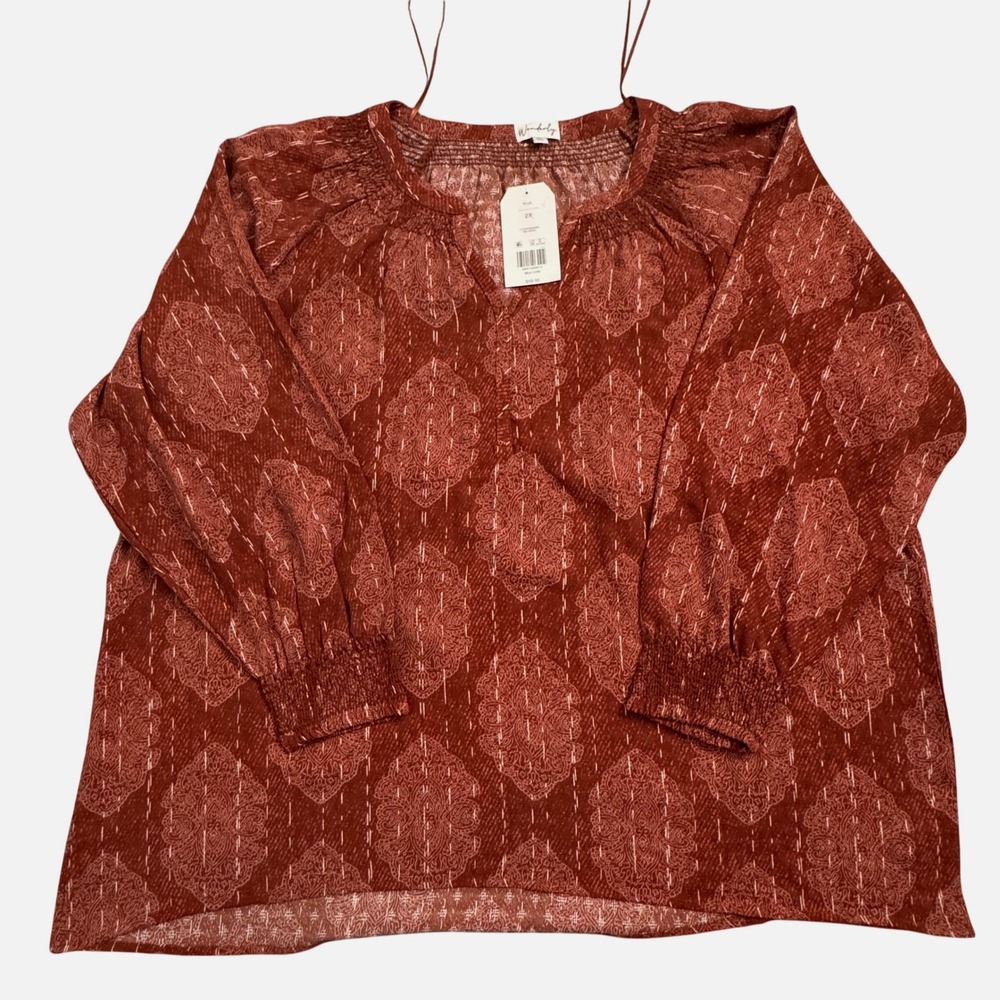 NWT Wonderly Plus Size 2X Burnout Print V Neck‎ Smocked Peasant Blouse